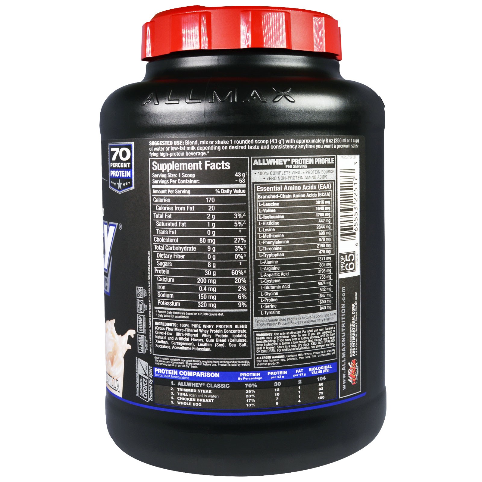 ALLMAX Nutrition, AllWhey Classic, 100% Proteína de soro de leite, Baunilha francesa, 5 lbs (2,27 kg) - Imagem 2