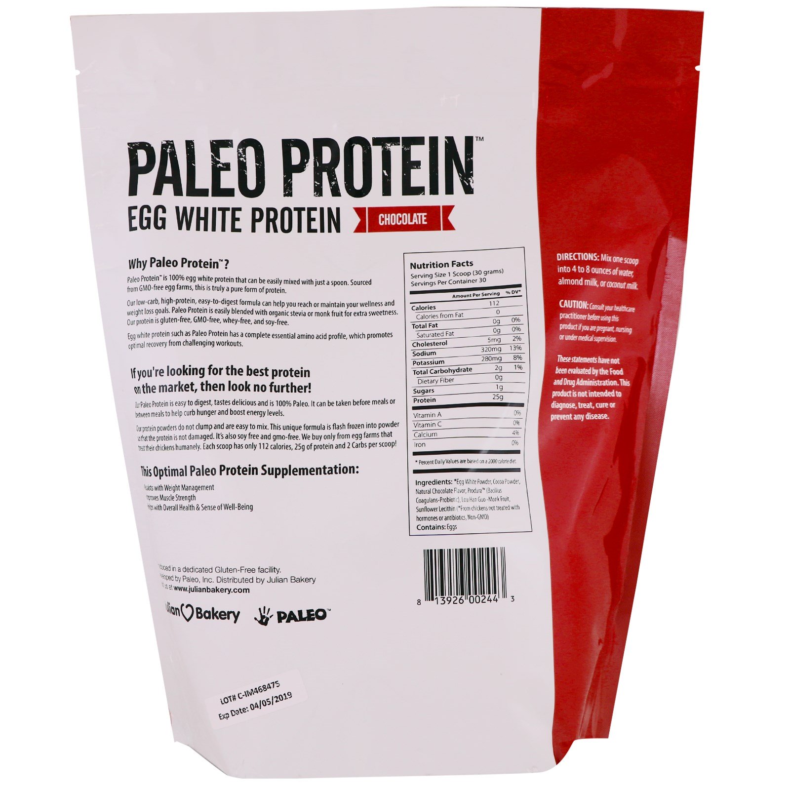 Julian Bakery, Proteína Paleo, Proteína de clara de ovo, Chocolate, 2 lbs (907 g) - Imagem 2