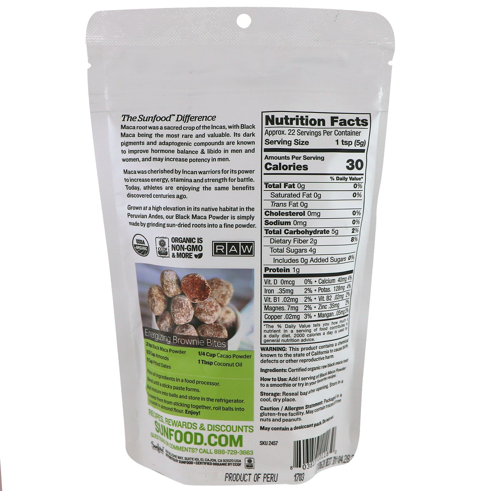 Sunfood, Maca Preta Pura Orgânica em Pó, 113 g (4 oz) - Imagem 2
