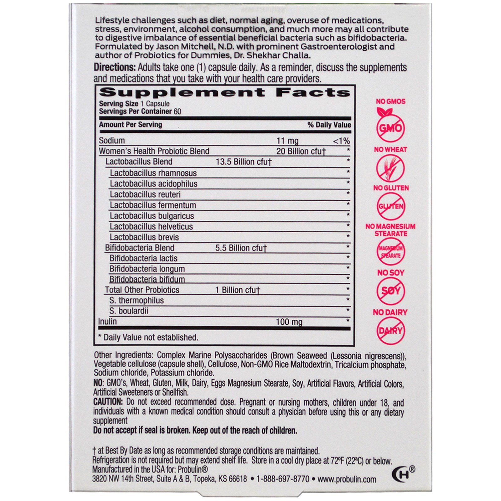 Probulin, Women's Health, Probiotic, 20 Billion CFU, 60 Capsules - Imagem 2