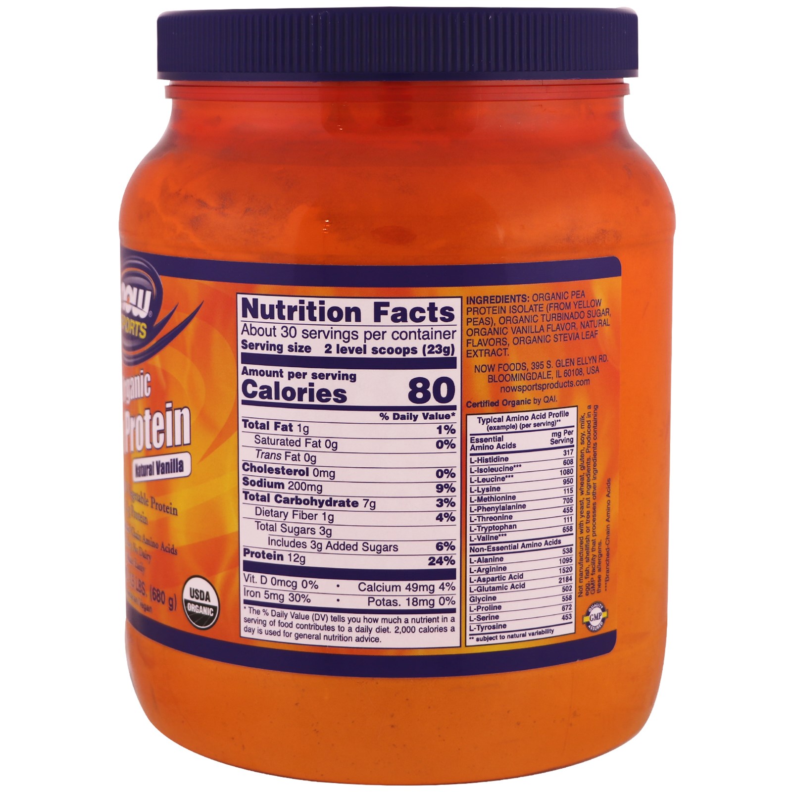 Now Foods, Sports, Proteína de Ervilha Orgânica, Sabor Natural de Baunilha, 680 g (1,5 lb) - Imagem 2