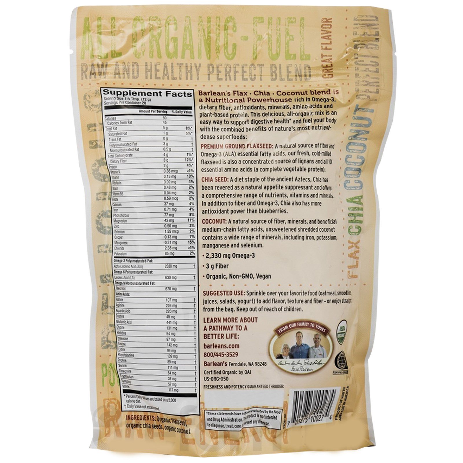 Barlean's, Mistura de Linhaça, Chia e Coco, 12 oz (340g) - Imagem 2