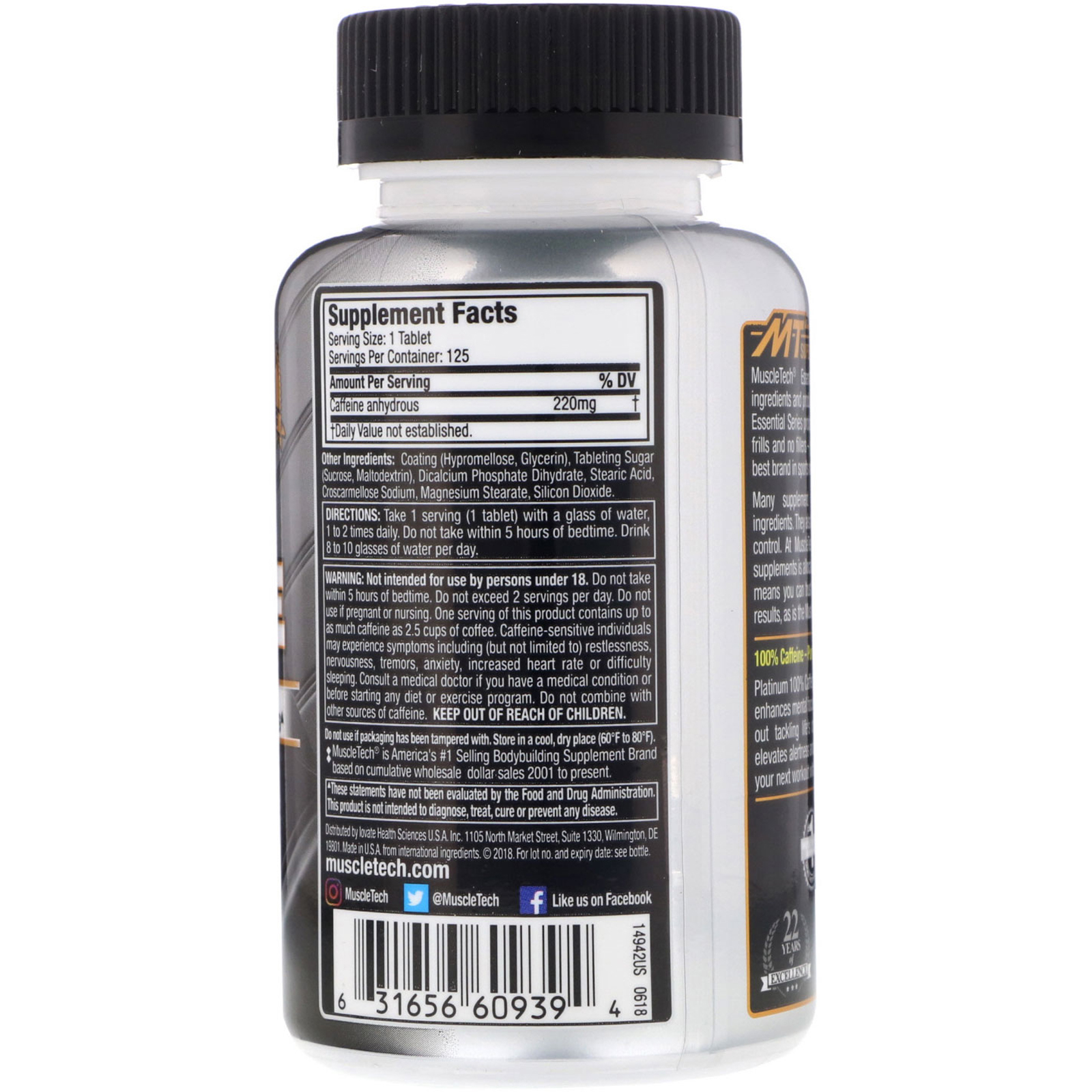 Muscletech, Essential Series, Platinum 100% Caffeine, 200 mg, 125 Tablets - Imagem 2