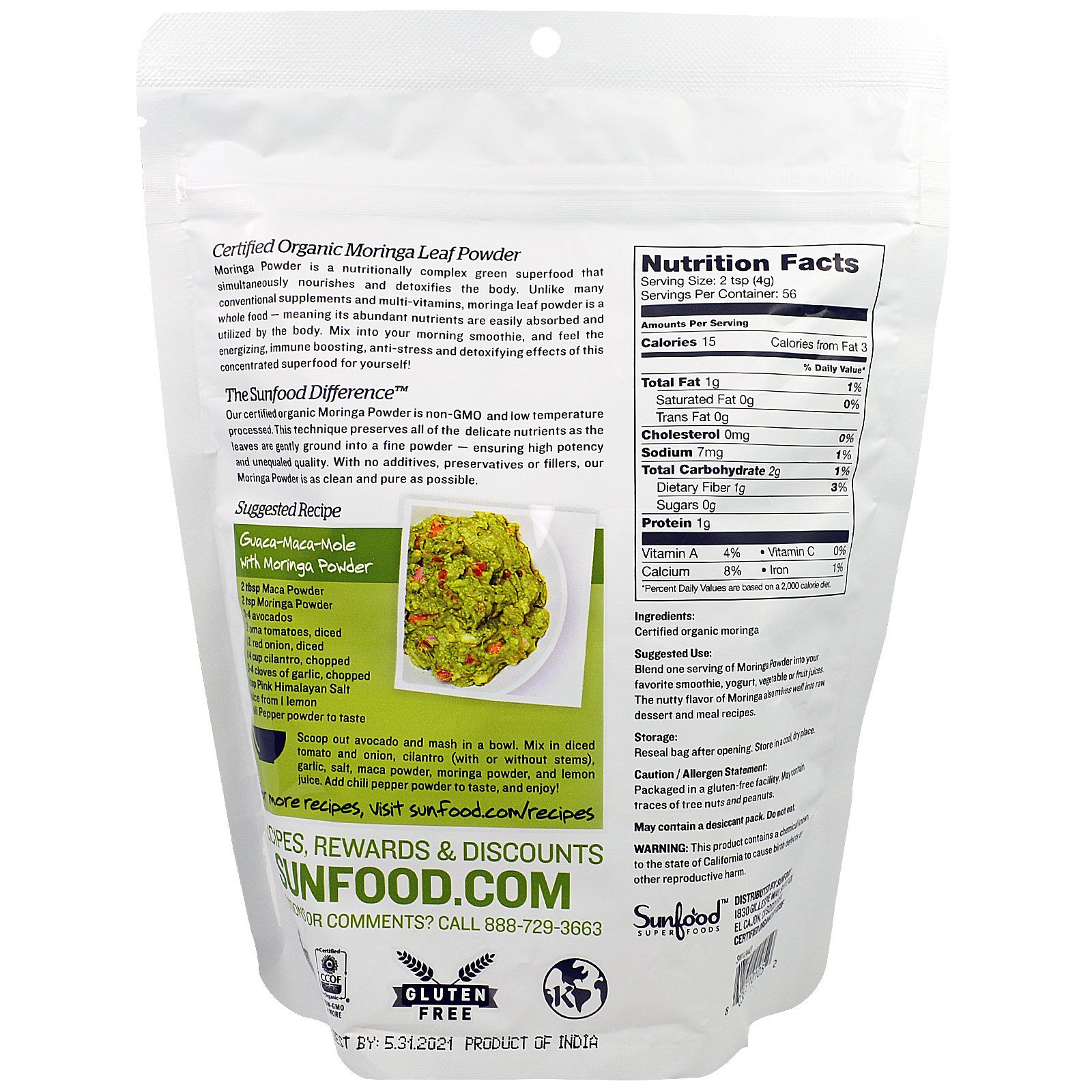 Sunfood, Moringa Orgânica em Pó, 227g - Imagem 2