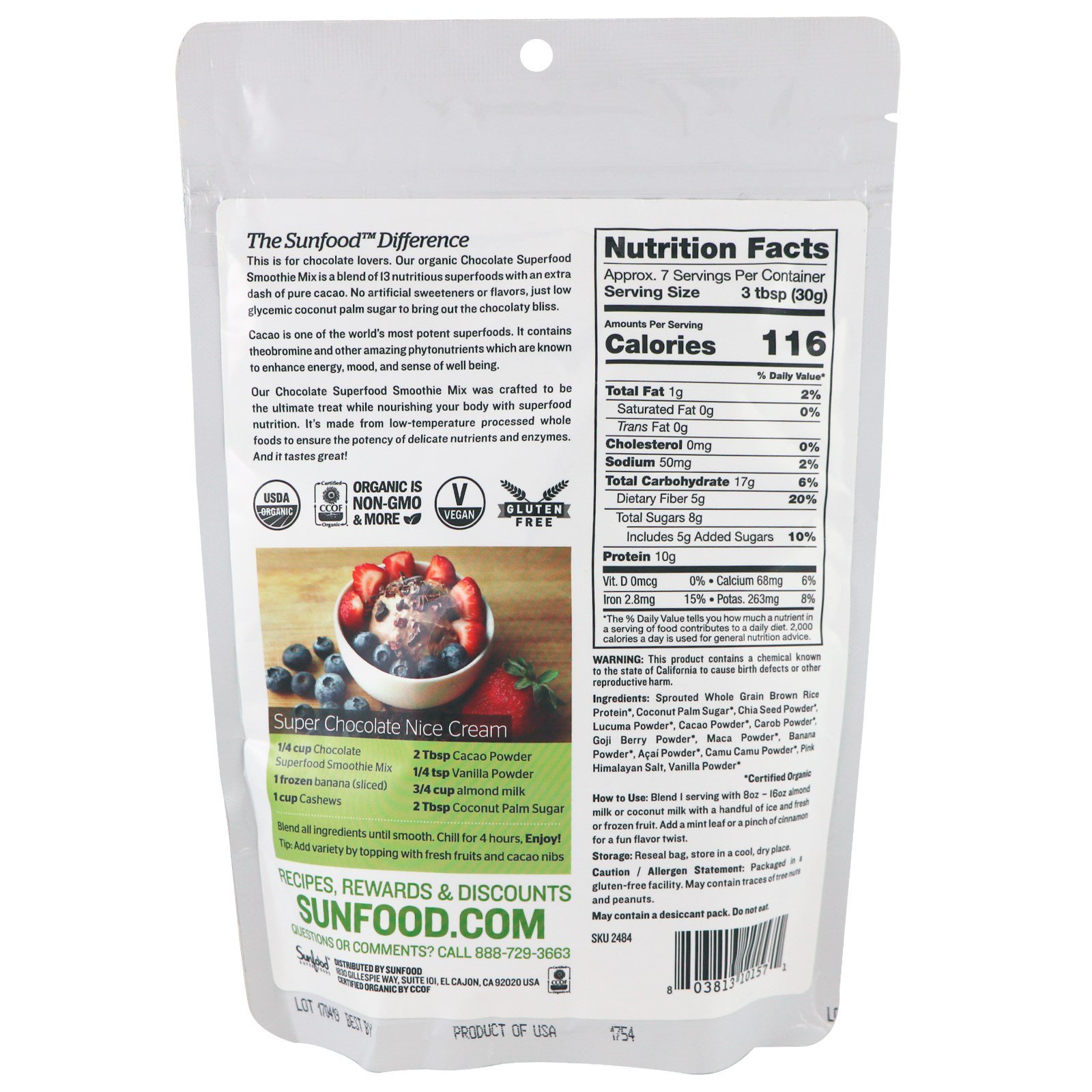 Sunfood, Mistura Superfood para Smoothie de Chocolate Orgânico, 227 g (8 oz) - Imagem 2
