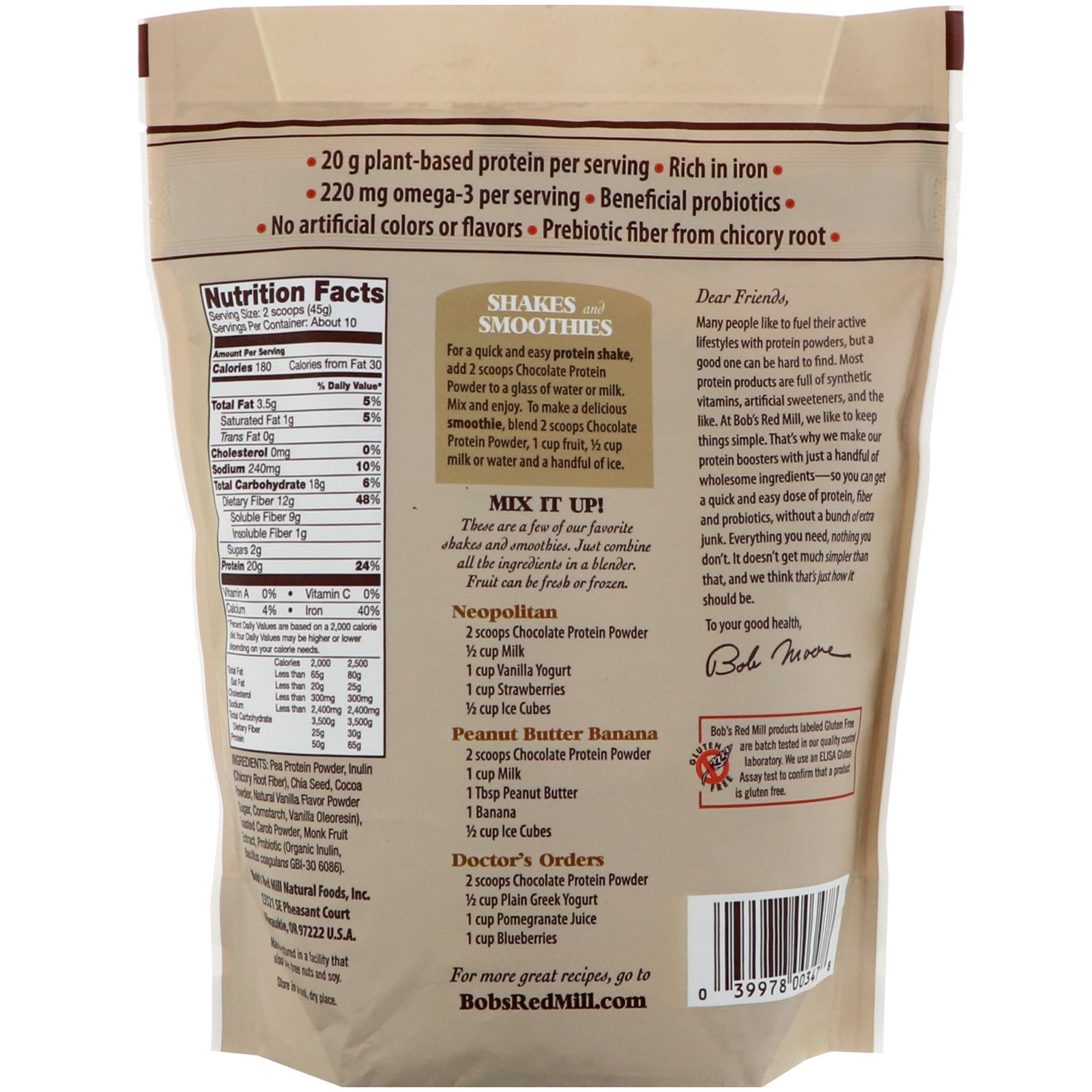 Bob's Red Mill, Proteína em pó Sabor Chocolate, Amplificador Nutricional com Chia e Prebióticos, 16 oz (453 g) - Imagem 2