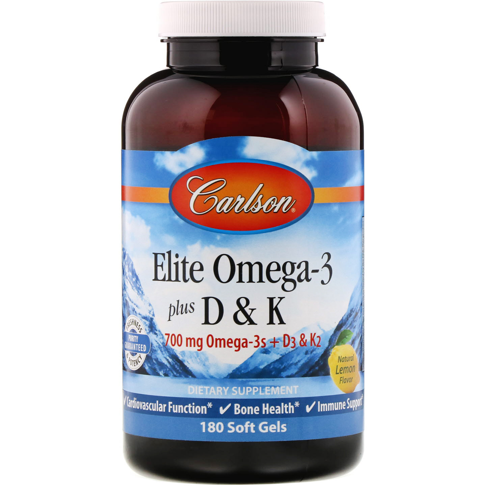 Carlson Labs, Elite Omega-3 Plus D & K, Sabor Natural de Limão, 180 Cápsulas Softgel