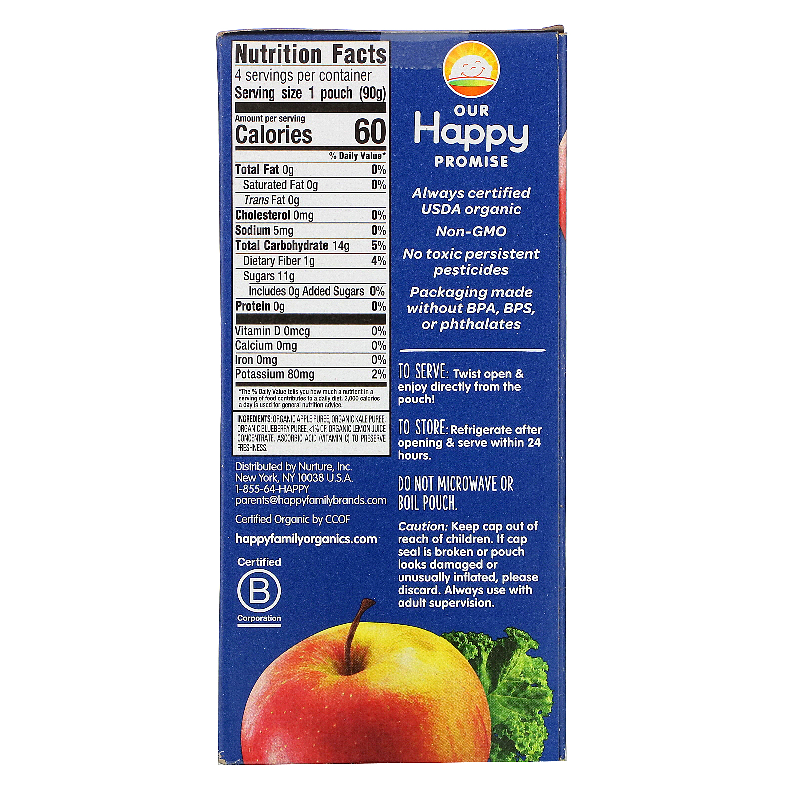 Happy Family Organics, Happy Kid, Organic Apple, Kale, & Blueberry, 4 Pouches, 3.17 oz (90 g) Each - Imagem 2