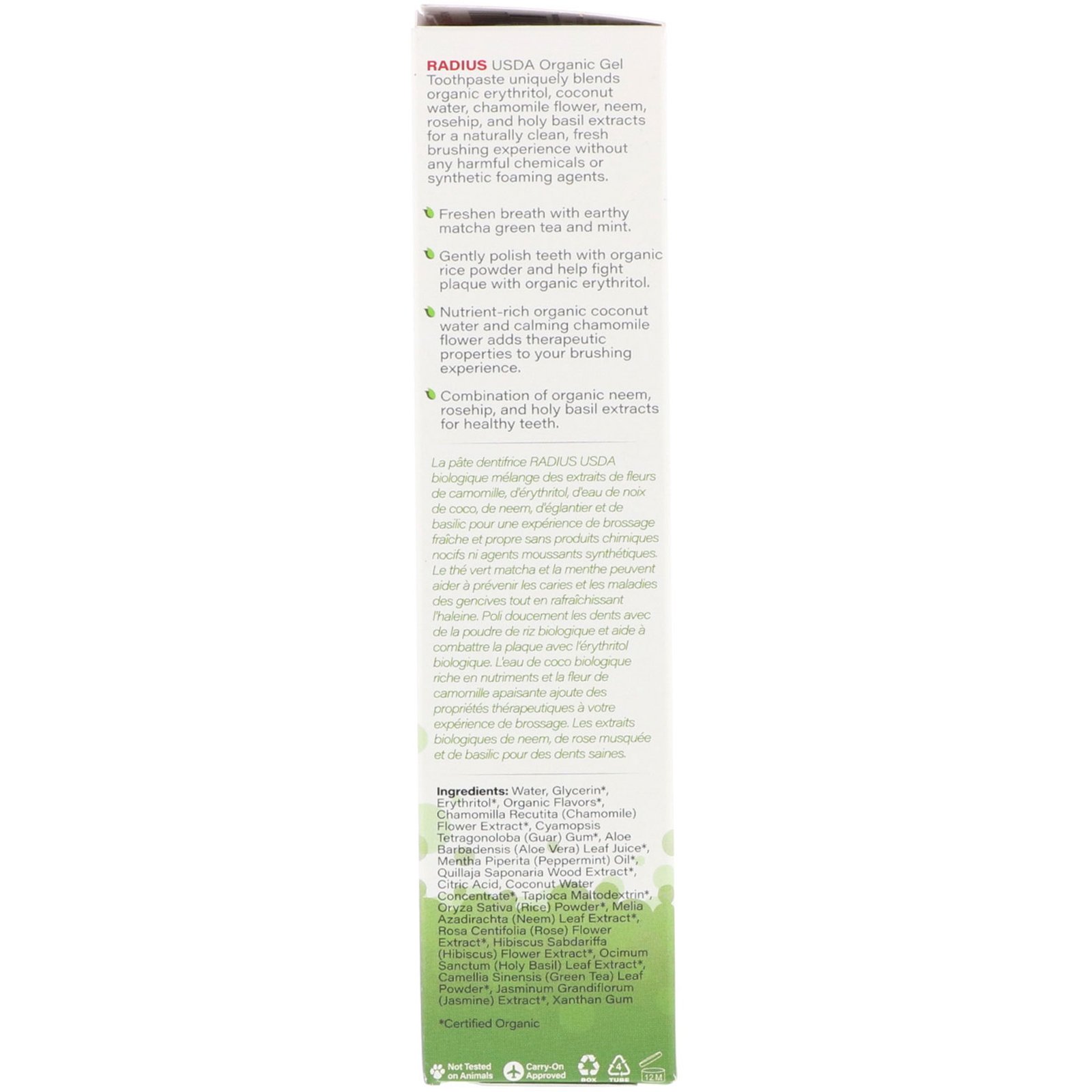 RADIUS, Gel Dental Orgânico, Matchá e Menta, 85 g - Imagem 2