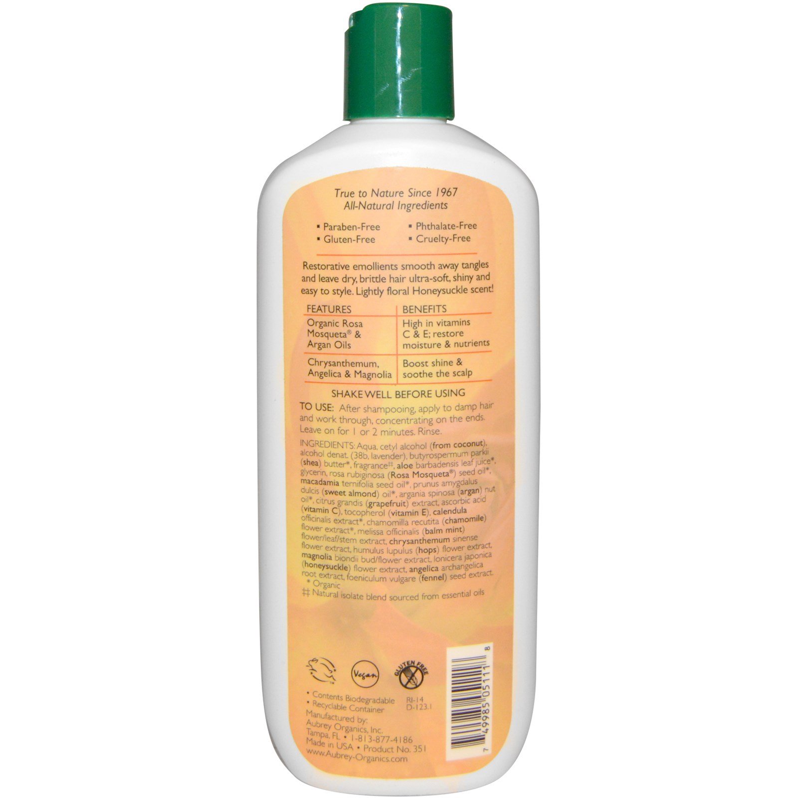Aubrey Organics, Condicionador de Madressilva, restaura e hidrata, para cabelos secos, 11 oz fl (325 ml) - Imagem 2
