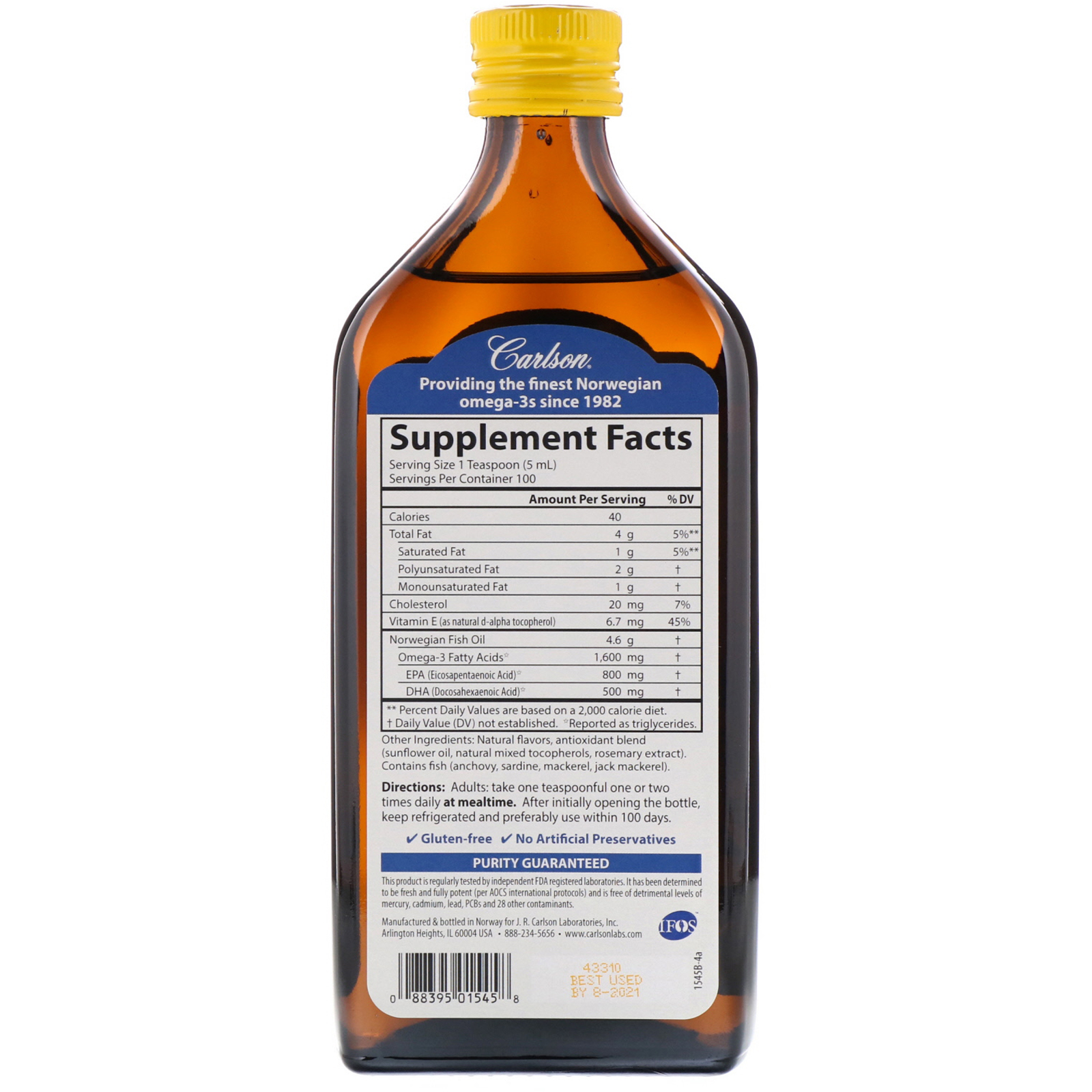 Carlson Labs, Norueguês, O Melhor Óleo de Peixe, Sabor Natural de Limão, 1.600 mg, 500 ml (16,9 fl oz) - Imagem 2