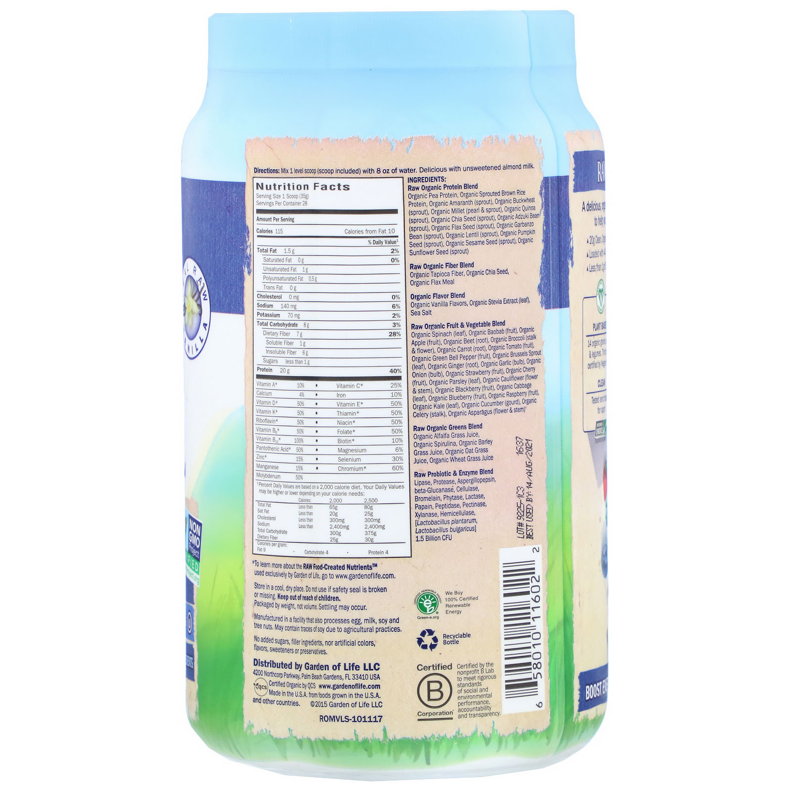 Garden of Life, RAW Organic Meal, Shake & Meal Replacement, Vanilla, 34.2 oz (969 g) - Imagem 2