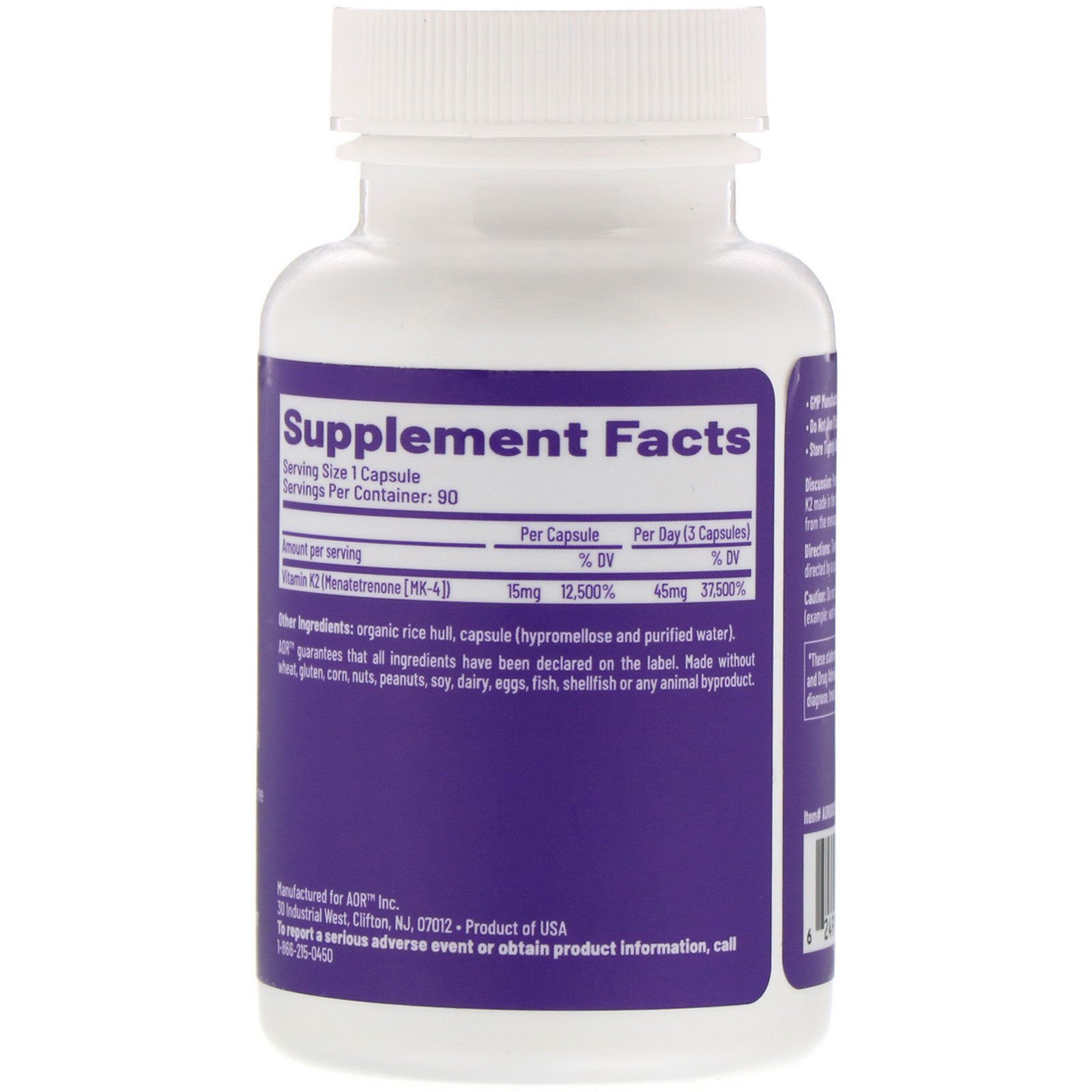 Advanced Orthomolecular Research AOR, Peak K2, 90 Cápsulas Vegetais - Imagem 2