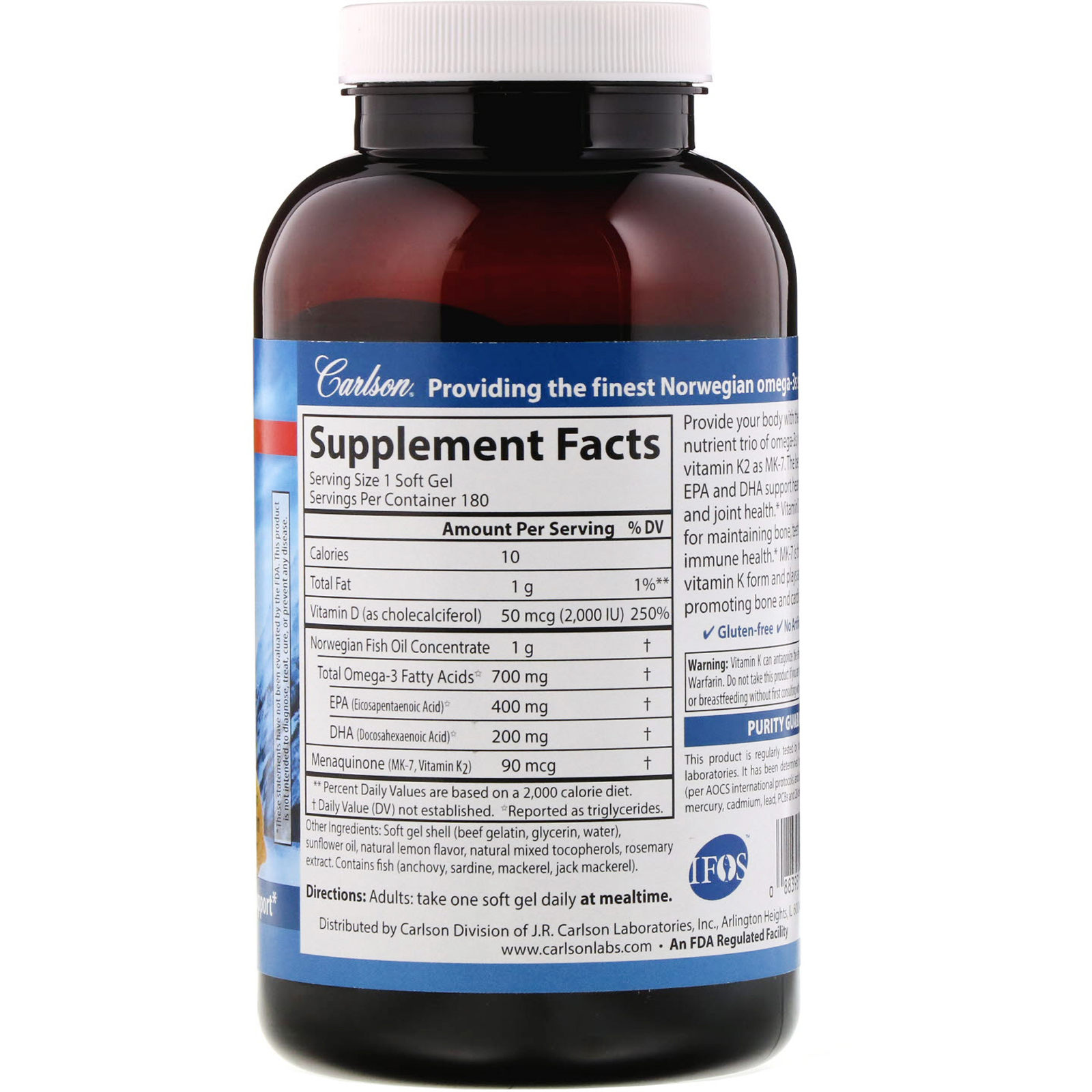 Carlson Labs, Elite Omega-3 Plus D & K, Sabor Natural de Limão, 180 Cápsulas Softgel - Imagem 2