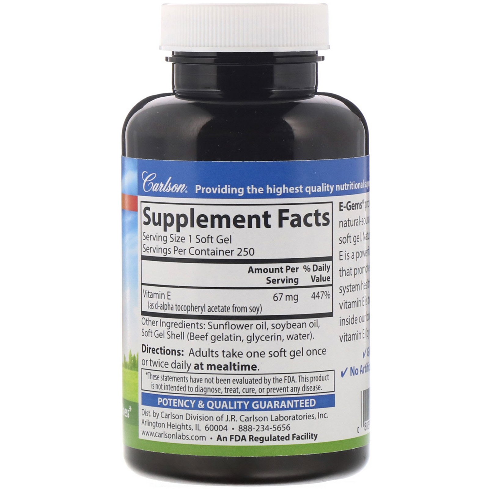 Carlson Labs, E-Gems, 67 mg (100 IU), 250 Softgels - Imagem 2