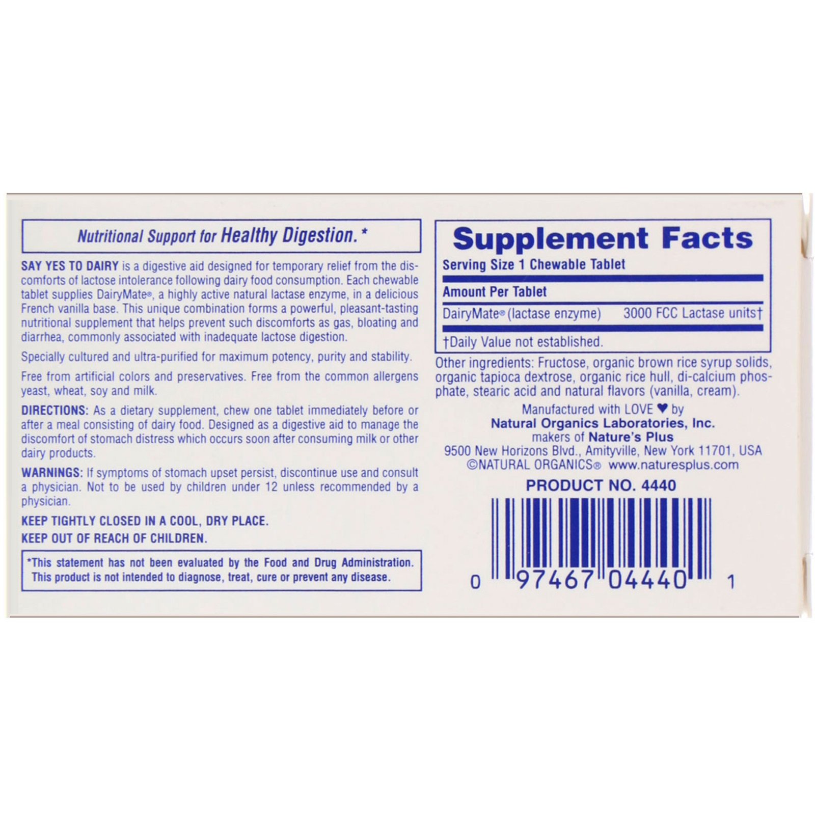 Nature's Plus, Say Yes to Dairy, Digestive Aid For Dairy Food, 50 Chewable Tablets - Imagem 3