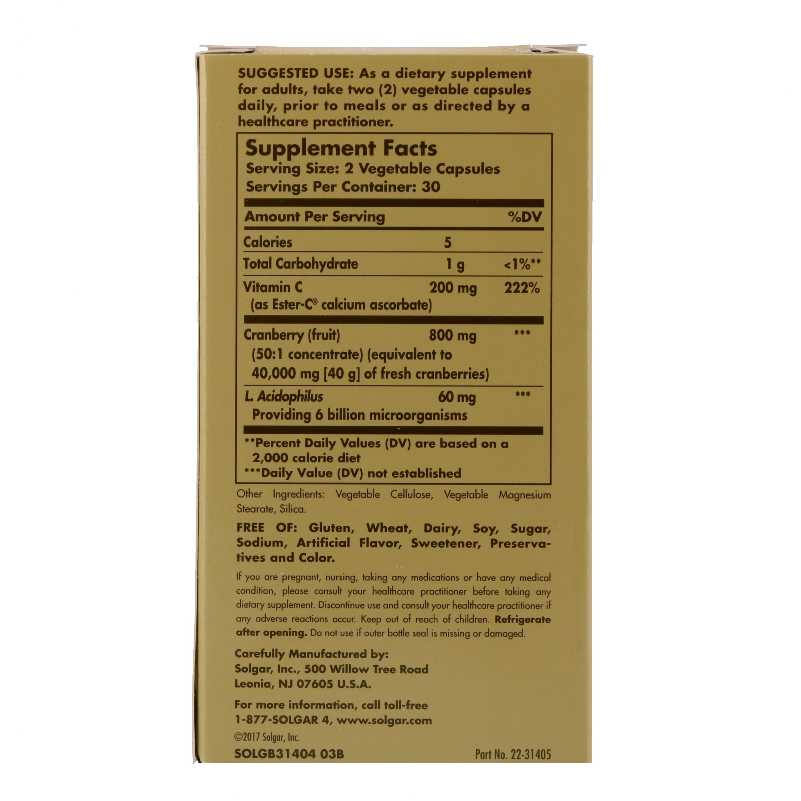 Solgar, Cran Flora, com Probióticos, 60 Cápsulas Vegetais - Imagem 2