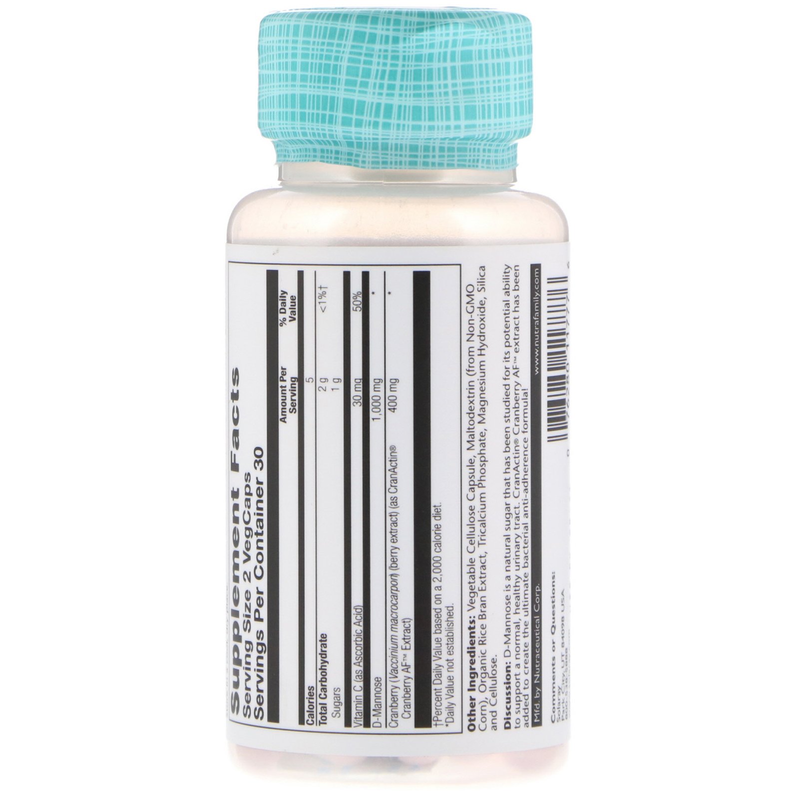 Solaray, D-Manose com CranActin, Saúde do Trato Urinário, 60 Cápsulas Vegetais - Imagem 2