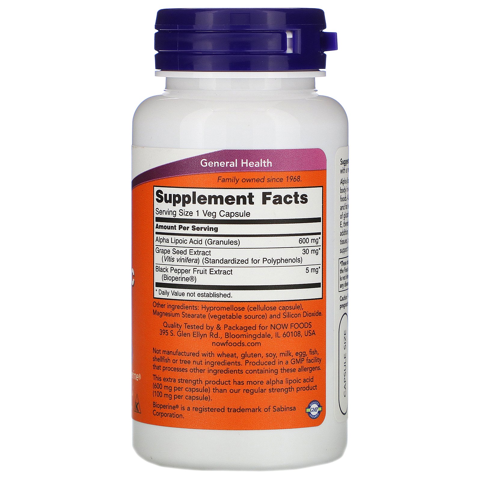Now Foods, Ácido Alfa Lipóico, Potência Extra, 600 mg, 60 cápsulas vegetais - Imagem 2