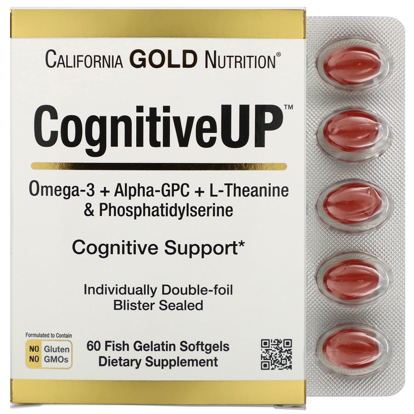 California Gold Nutrition, CognitiveUP, Ômega 3, Alpha-GPC, Teanina e PS, 60 Cápsulas de Gelatina de Peixe Softgel