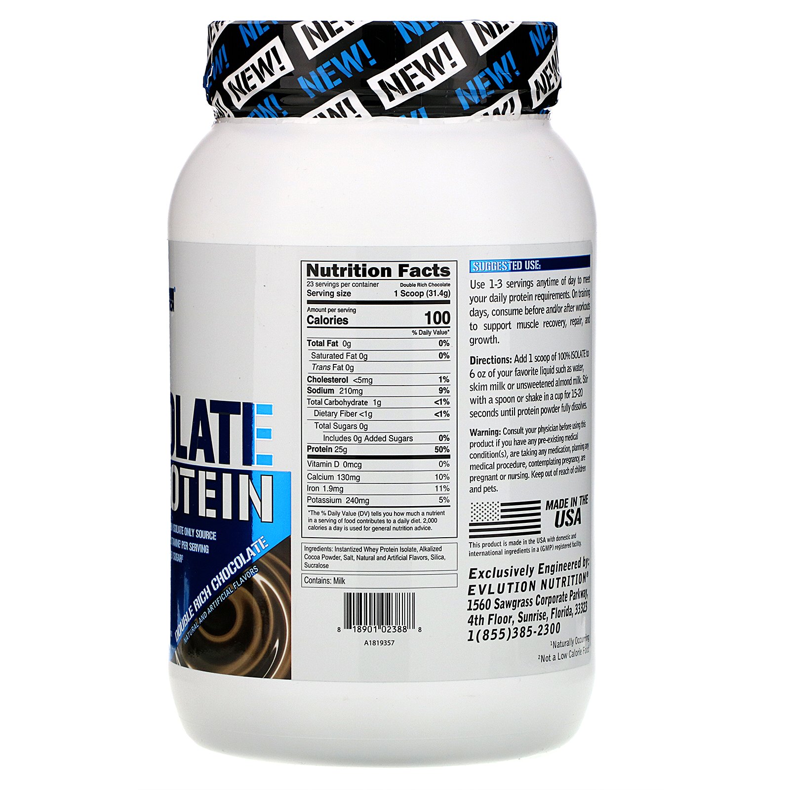 EVLution Nutrition, 100% Isolate Protein, Double Rich Chocolate, 1.6 lb (726 g) - Imagem 2