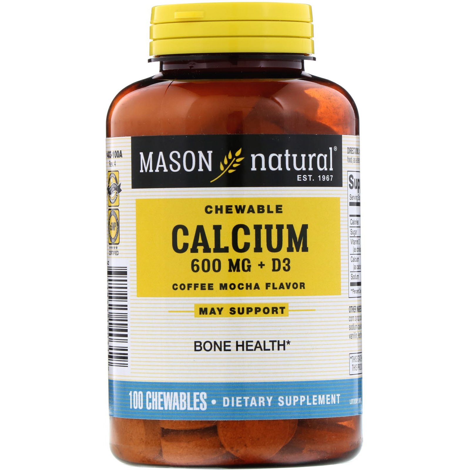 Mason Natural, Chewable Calcium + D3, Coffee Mocha Flavor, 600 mg, 100 Chewables