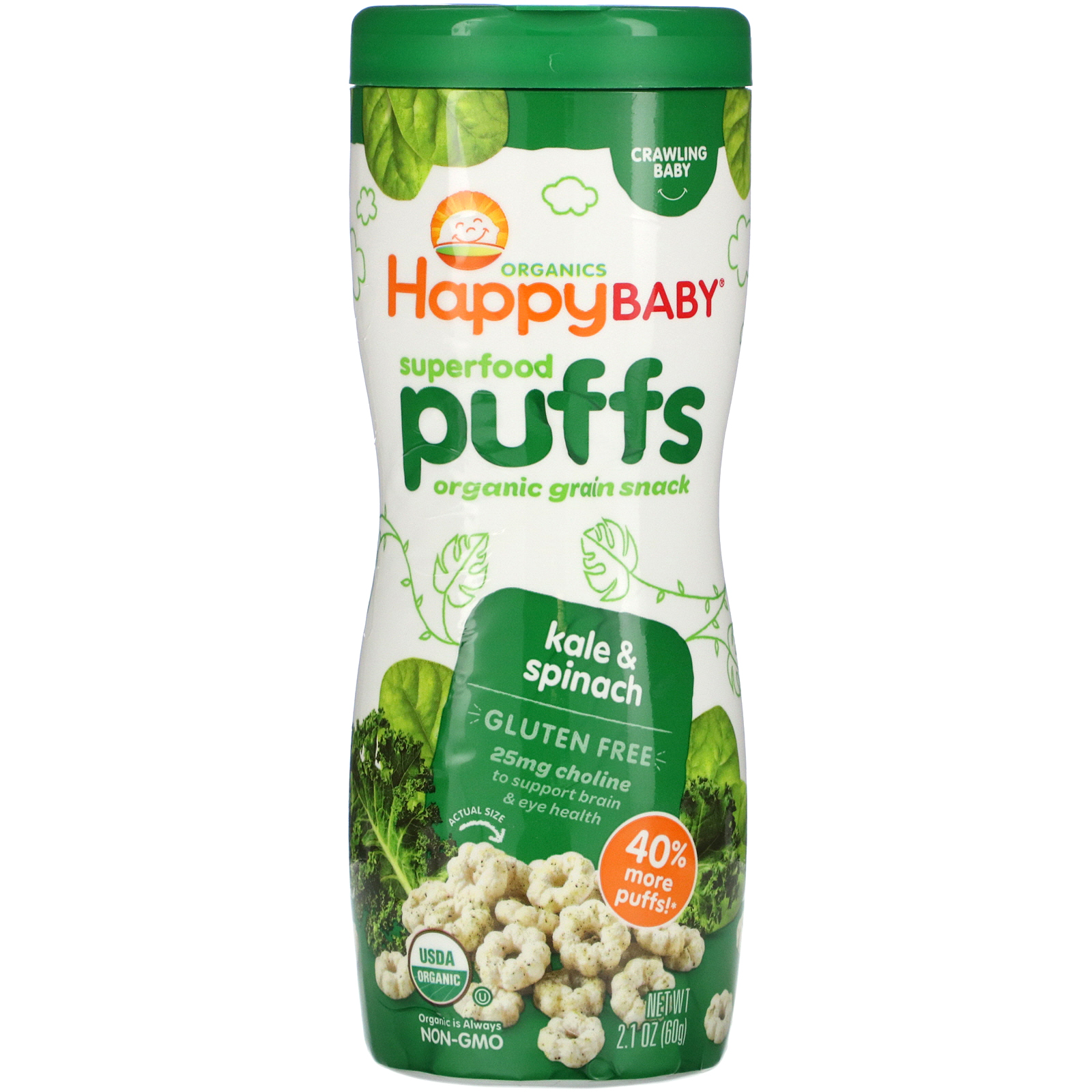 Happy Family Organics, Superfood Puffs, Veggie, Fruit & Grain, Couve e Espinafre, 60 g (2,1 oz)