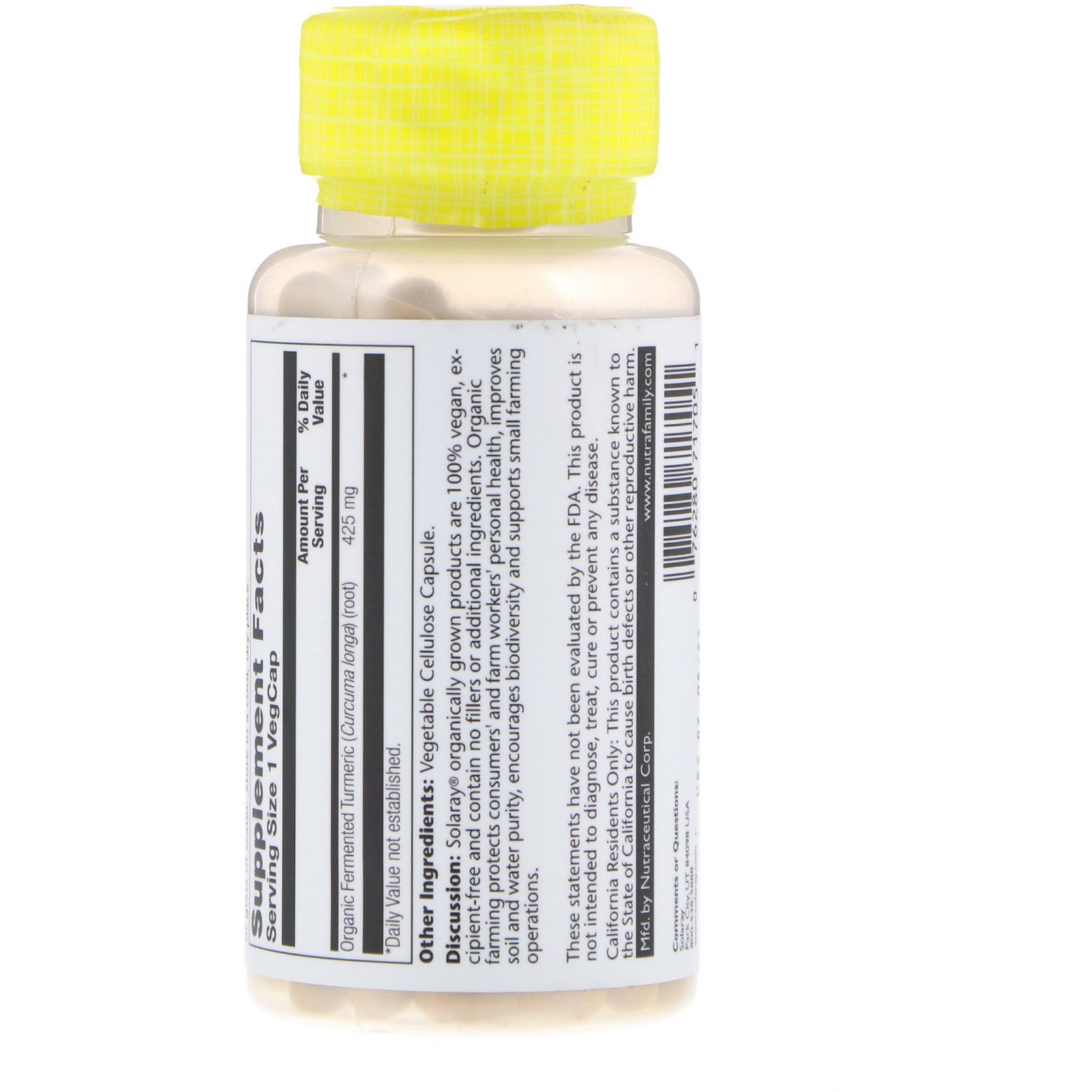 Solaray, Cúrcuma Fermentada Orgânica, 100 cápsulas vegetais - Imagem 2