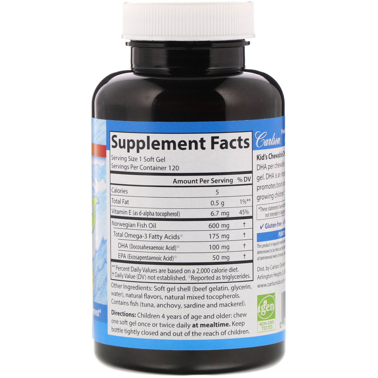 Carlson Labs, Kid's Chewable DHA, Bursting Orange Flavor, 100 mg, 120 Soft Gels - Imagem 2