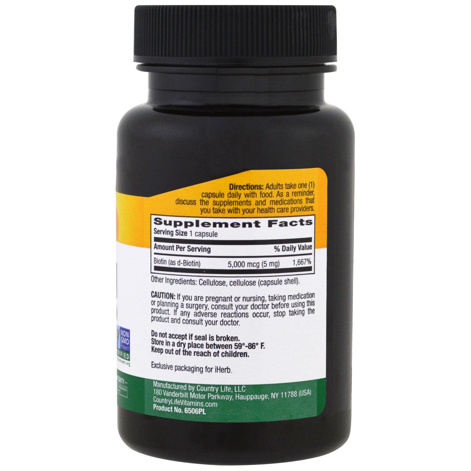 Country Life, Biotina, Alta Potência, 5 mg, 120 Cápsulas Vegetais - Imagem 2