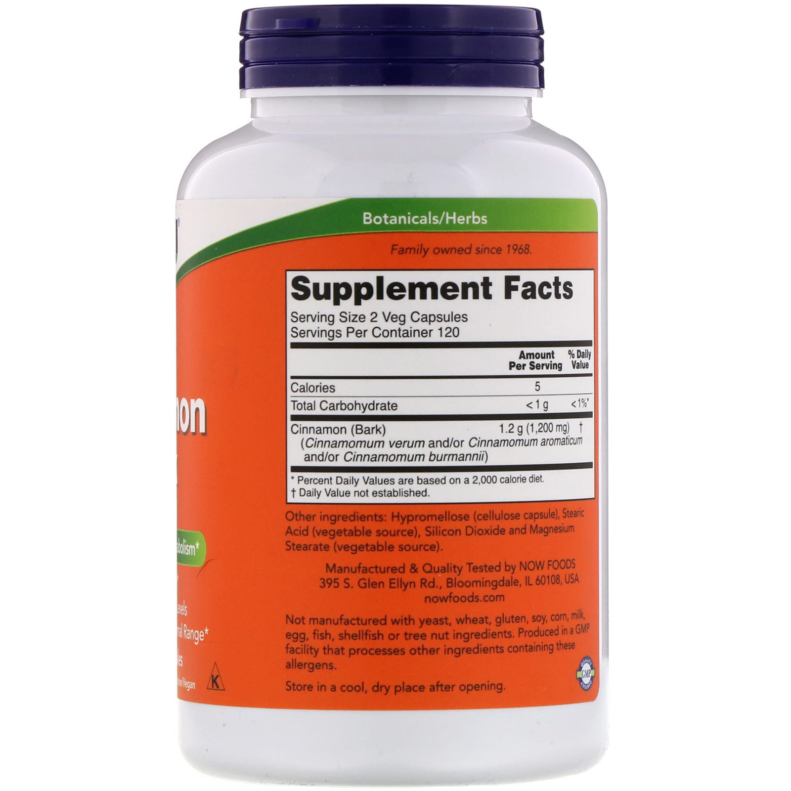 Now Foods, Cinnamon Bark, 600 mg, 240 Veg Capsules - Imagem 2