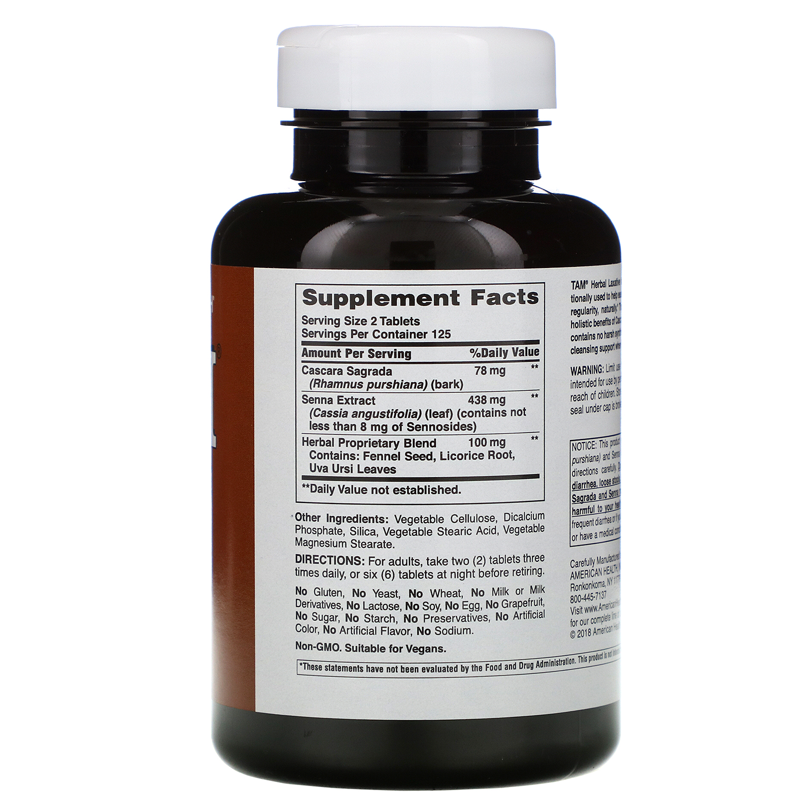 American Health, TAM, Laxante Herbal, 250 Comprimidos - Imagem 2