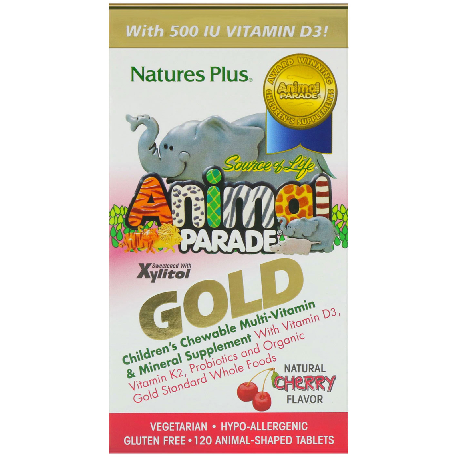Nature's Plus, Source of Life Animal Parade Gold, Suplemento Vitamínico e Mineral Infantil Mastigável, Sabor Natural de Cereja, 120 Comprimidos em Forma de Animal