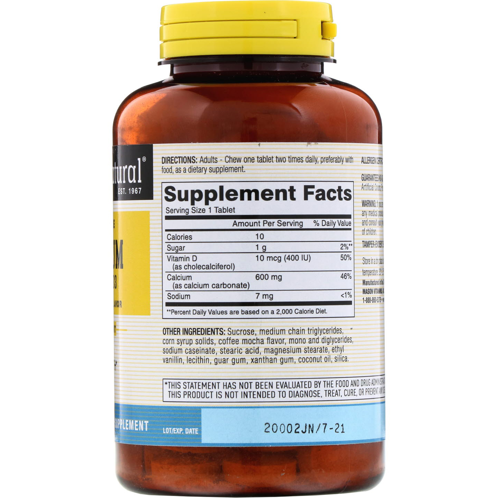 Mason Natural, Chewable Calcium + D3, Coffee Mocha Flavor, 600 mg, 100 Chewables - Imagem 2