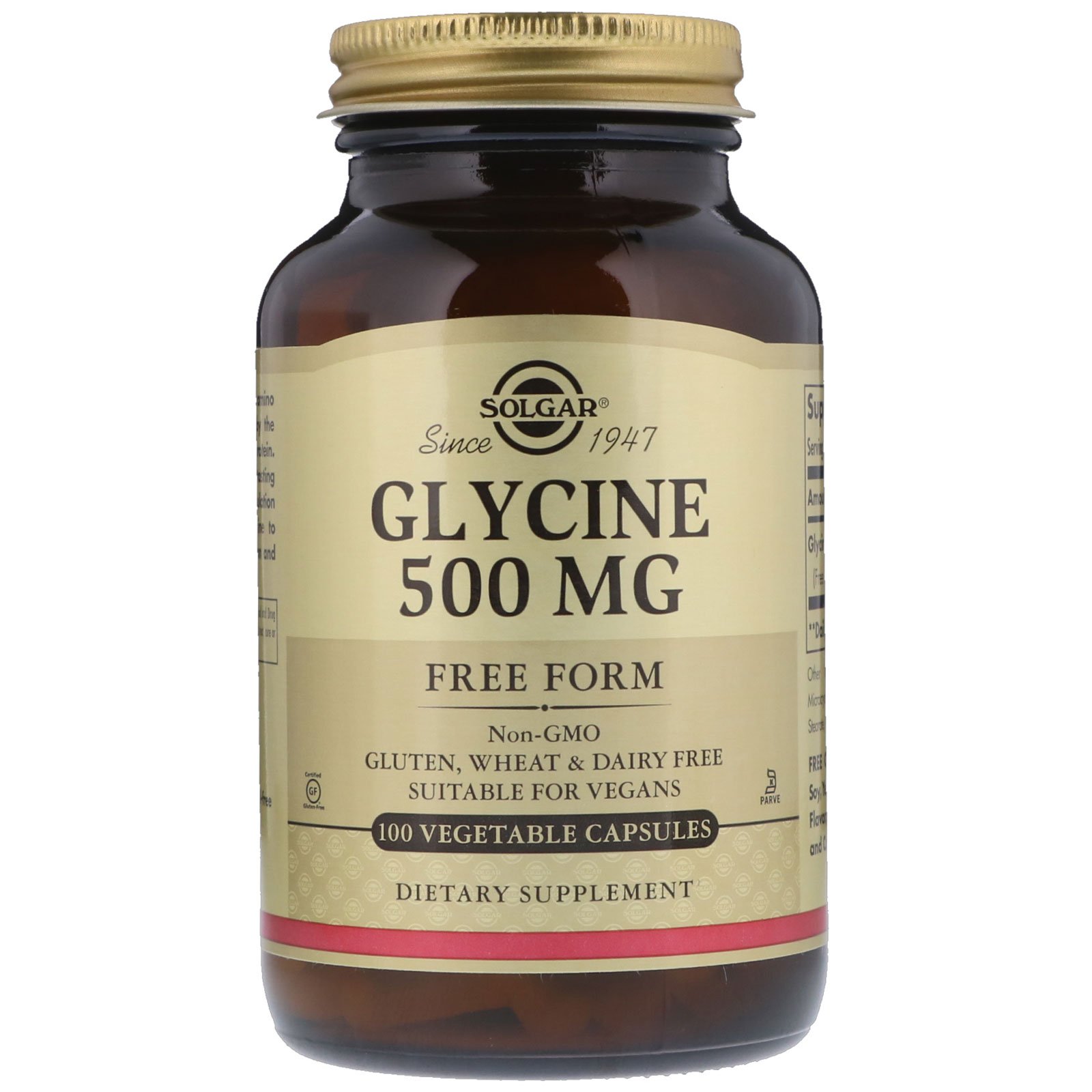 Solgar, Glicina, 500 mg, 100 Cápsulas Vegetais