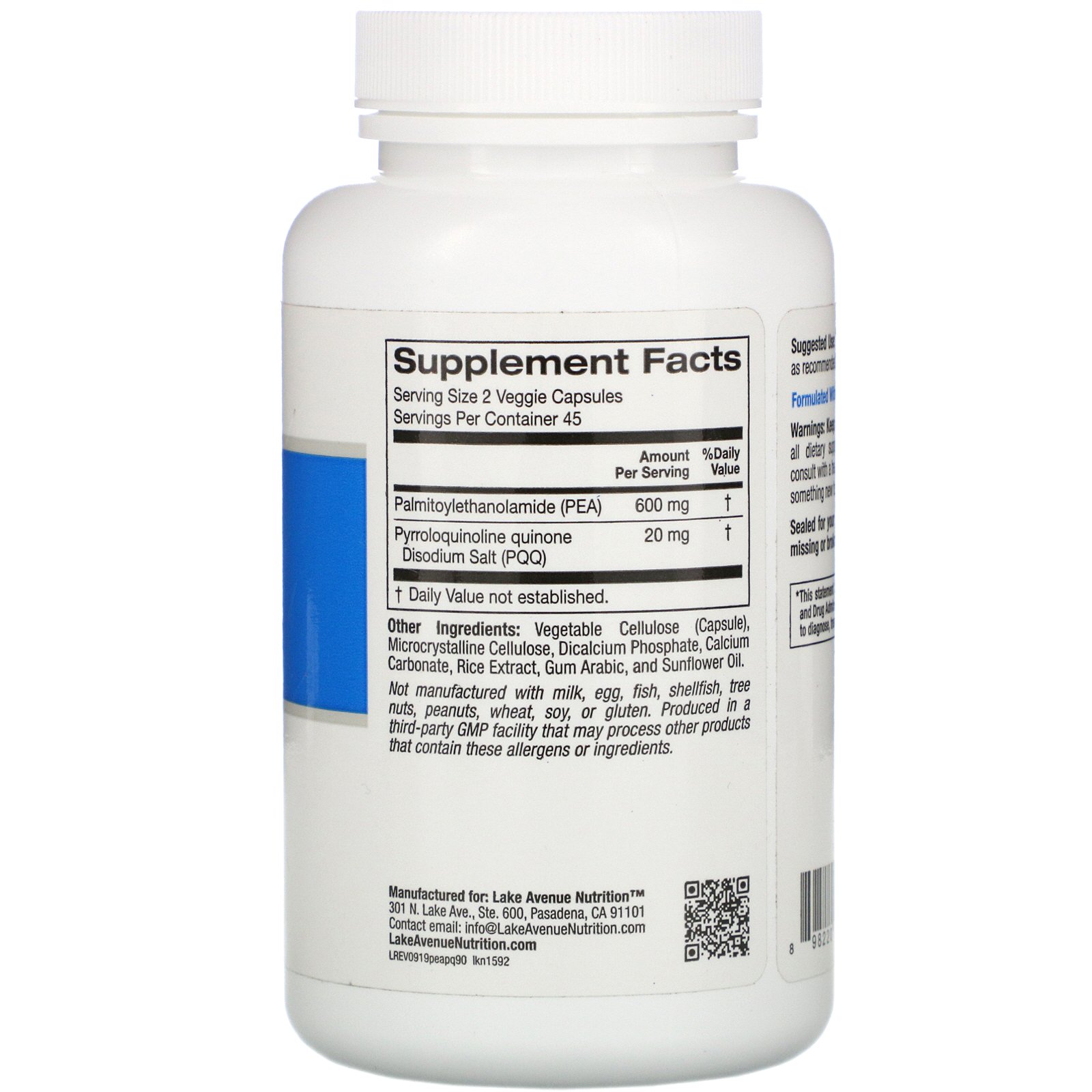 Lake Avenue Nutrition, PEA (Palmitoiletanolamida) com PQQ, 90 Cápsulas Vegetais - Imagem 2