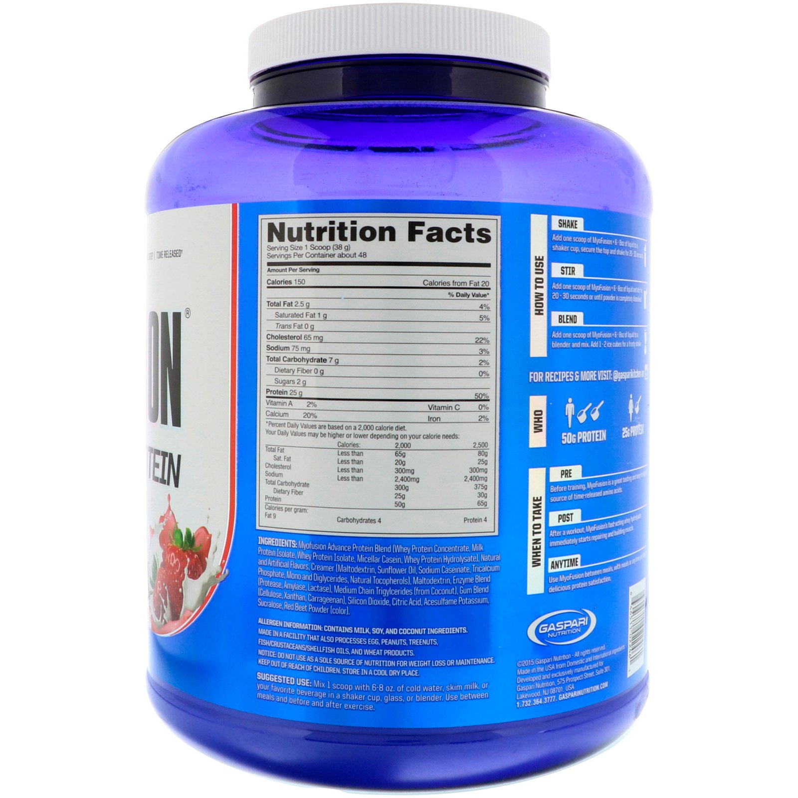 Gaspari Nutrition, MyoFusion, Proteína Avançada, Morango com Creme, 4 lbs (1814 g) - Imagem 2