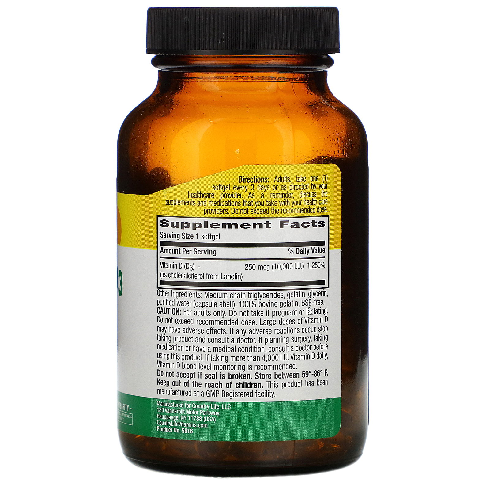 Country Life, Vitamin D3, High Potency, 250 mcg (10,000 IU), 200 Softgels - Imagem 2