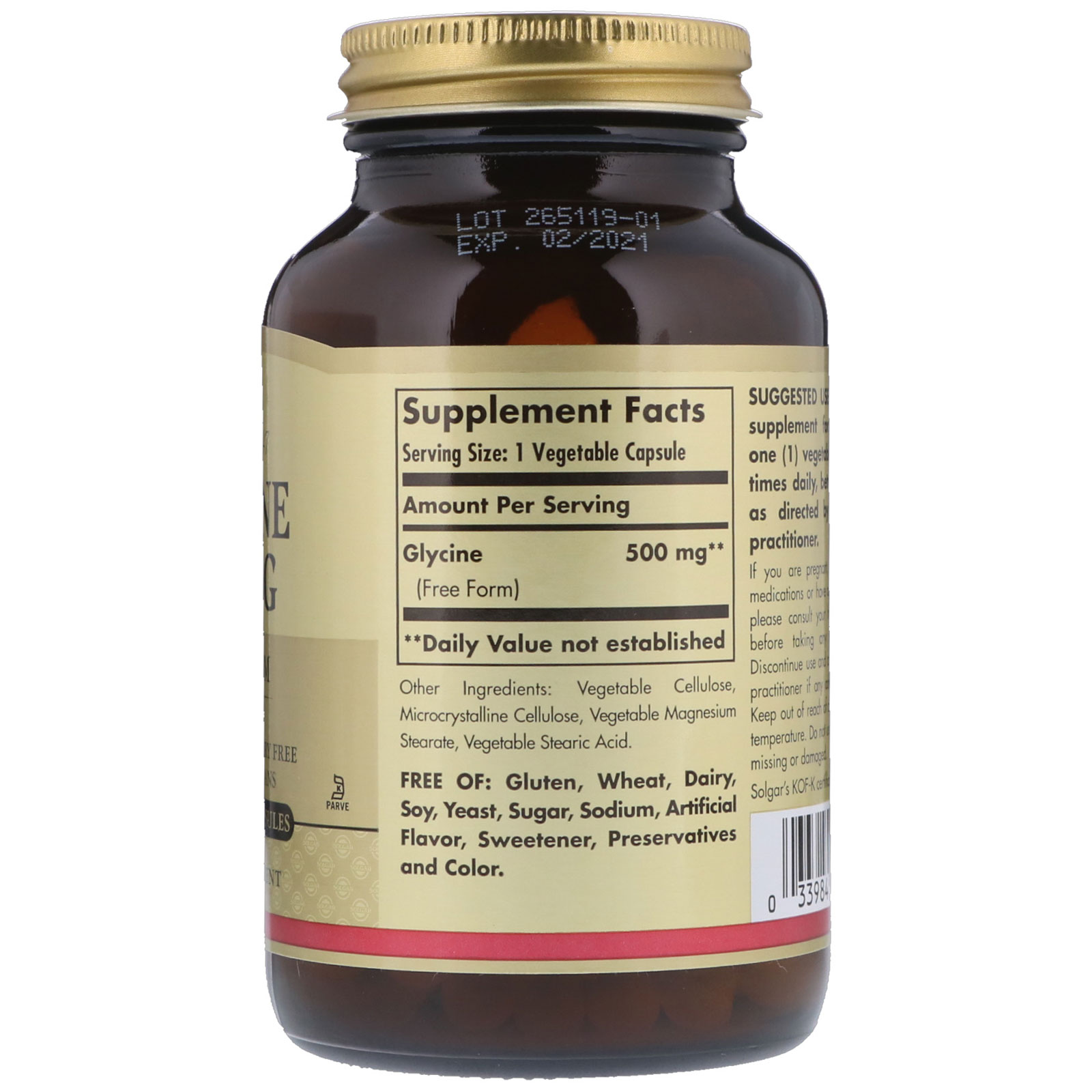 Solgar, Glicina, 500 mg, 100 Cápsulas Vegetais - Imagem 2
