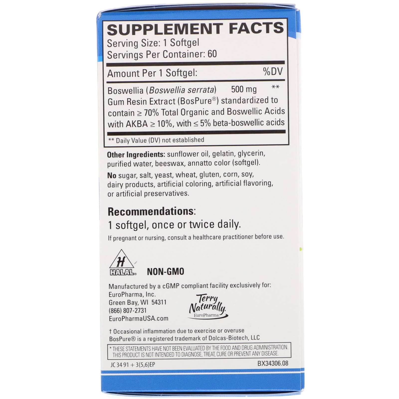 EuroPharma, Terry Naturally, BosMed 500, Extra Forte, Boswellia Avançada, 500 mg, 60 Cápsulas Gelatinosas - Imagem 2
