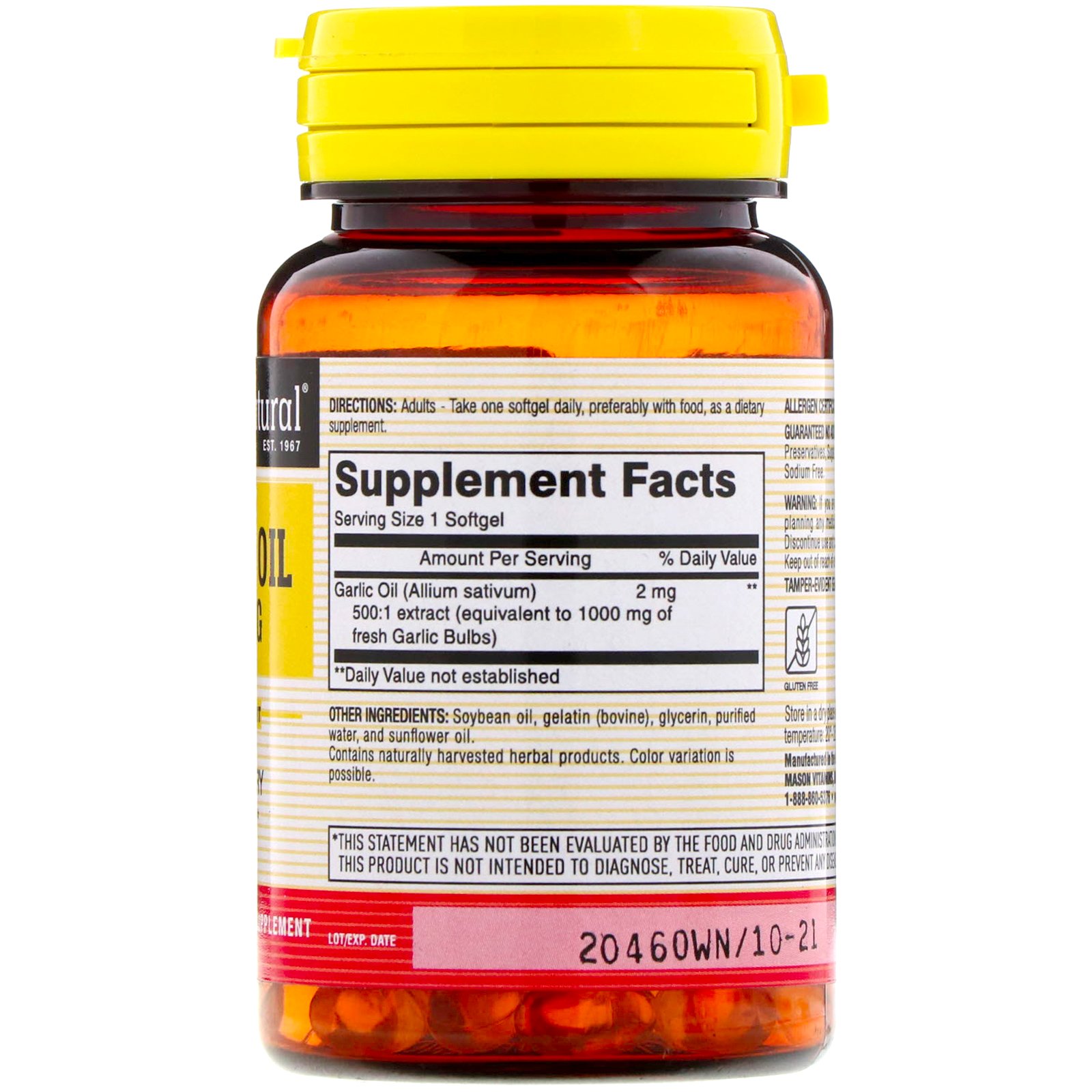 Mason Natural, Óleo de Alho, 1000 mg, 100 Cápsulas Gelatinosas - Imagem 2