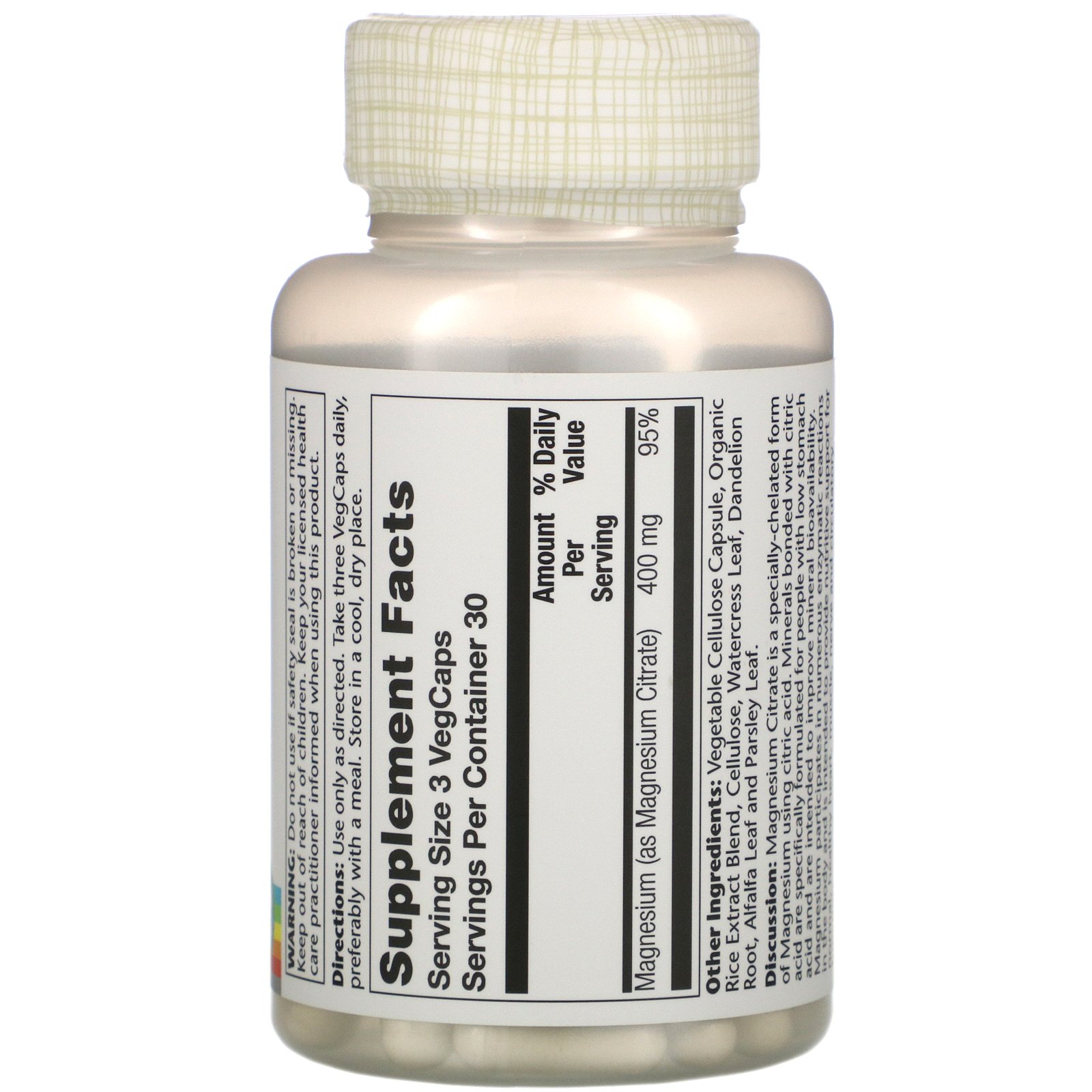 Solaray, Citrato de Magnésio 400 mg, 90 Cápsulas Vegetais - Imagem 2