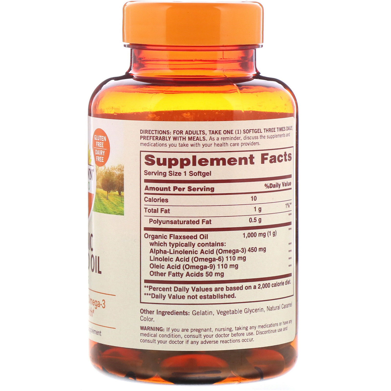 Sundown Naturals, Organic Flaxseed Oil, 1,000 mg, 100 Softgels - Imagem 2
