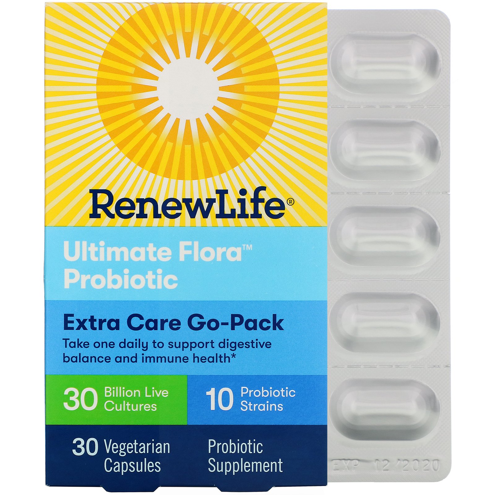 Renew Life, Go-Pack Extra Care, Ultimate Flora Probiotic, 30 Bilhões de Culturas Vivas, 30 Cápsulas Vegetais