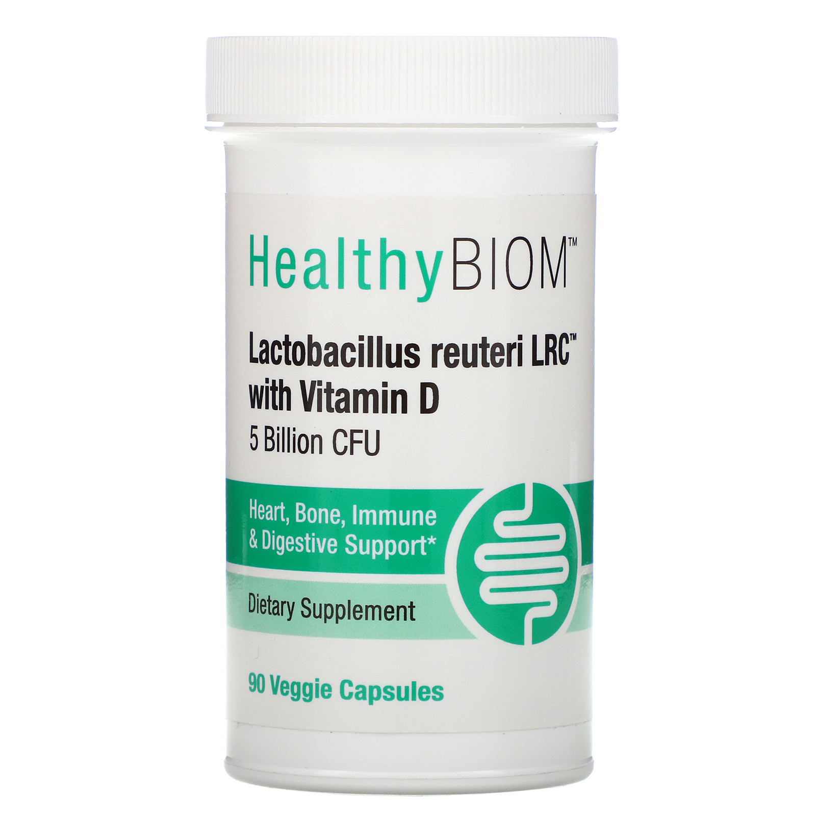 HealthyBiom, Lactobacillus Reuteri LRC com Vitamina D, 5 Bilhões de UFCs, 90 Cápsulas Vegetais