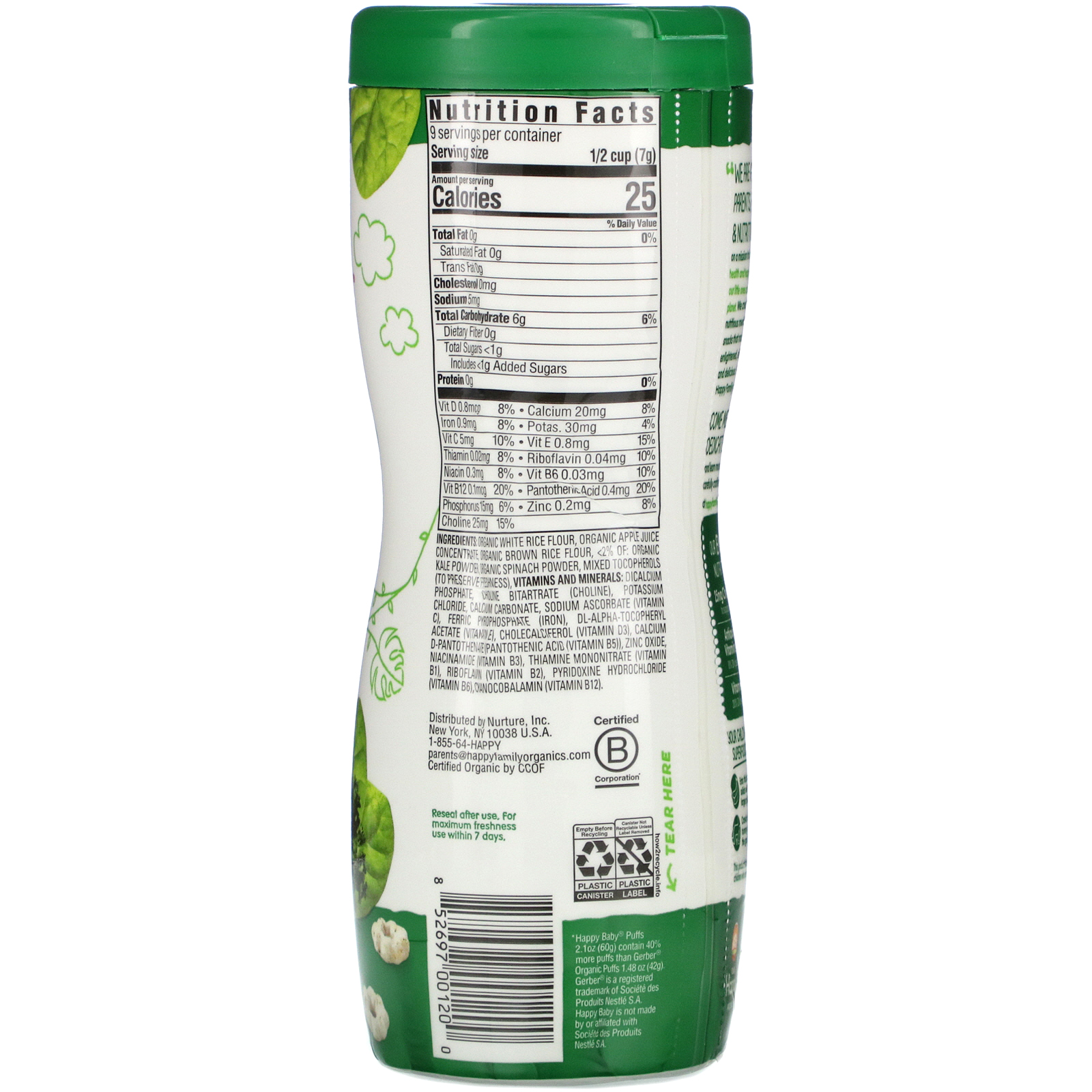 Happy Family Organics, Superfood Puffs, Veggie, Fruit & Grain, Couve e Espinafre, 60 g (2,1 oz) - Imagem 2
