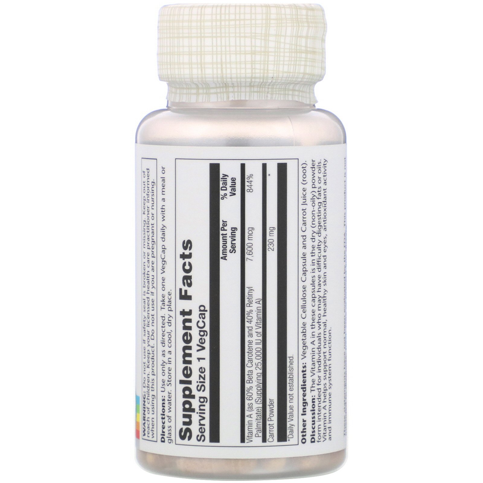 Solaray, Dry Form Vitamin A, 7,600 mcg, 60 VegCaps - Imagem 2