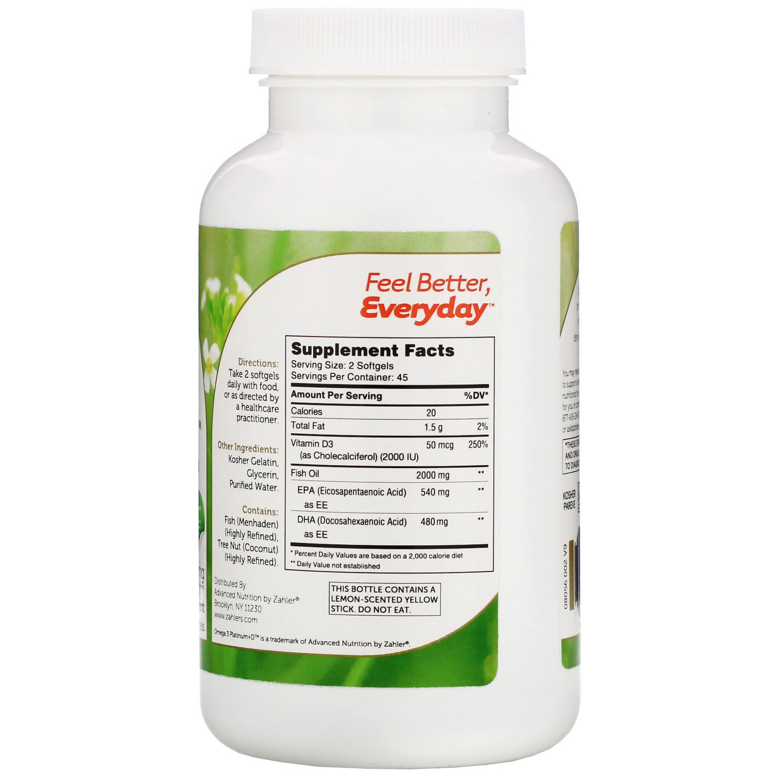 Zahler, Omega 3 Platinum+D, Advanced Omega 3 with Vitamin D3, 2,000 mg, 90 Softgels - Imagem 2