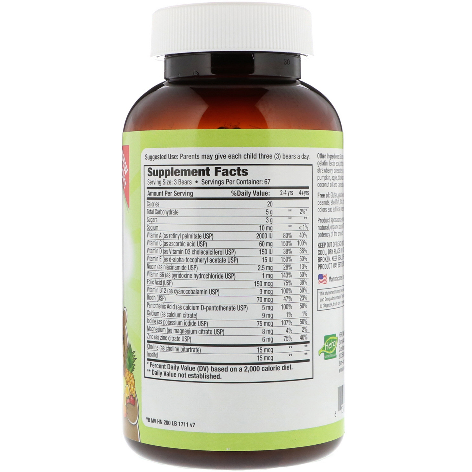 Hero Nutritional Products, Yummi Bears, Multivitamínico Completo, Sabores Naturais de Morango, Laranja e Abacaxi, 200 Yummi Bears - Imagem 2