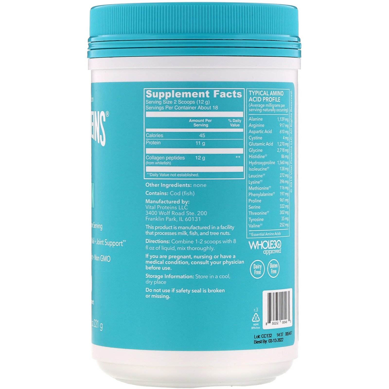 Vital Proteins, Colágeno Marinho, Pescado de Forma Sustentável, Sem Sabor, 221 g (7,8 oz) - Imagem 2